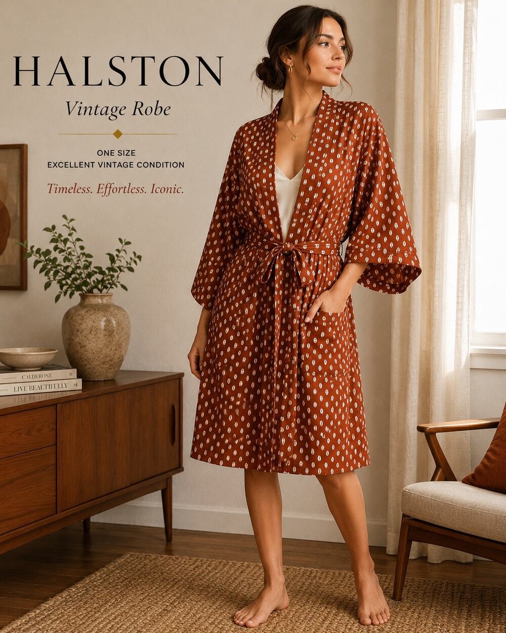 Vintage Halston Women’s One Size Robe Rust Geometric Belted Kimono Dressing Gown